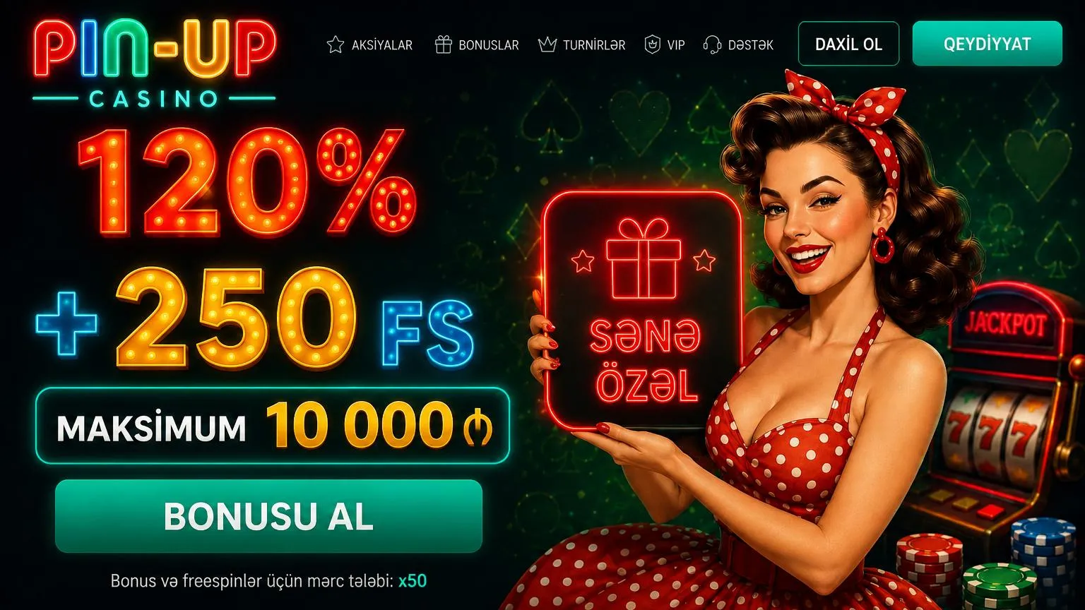 Pin Up 120% və 250 frispin xoş gəldin bonusu